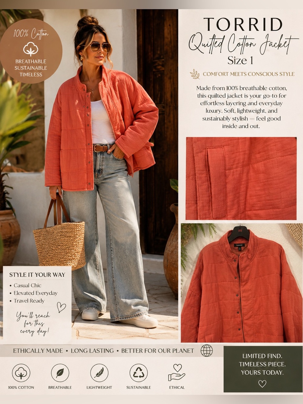 🍂 TORRID Quilted Cotton Jacket – Size 1 – Gorgeous Coral/Terracotta